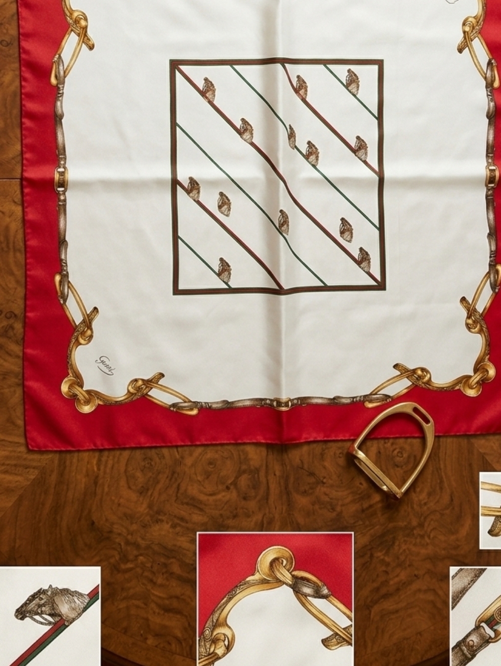 Gucci Sherry Line VTG 1978 Silk Scarf Equestrian Horse Print Red Green 86cm - Picture 13 of 13